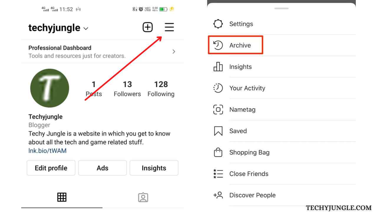  A screenshot of the Instagram app on a mobile device with the archive option highlighted.